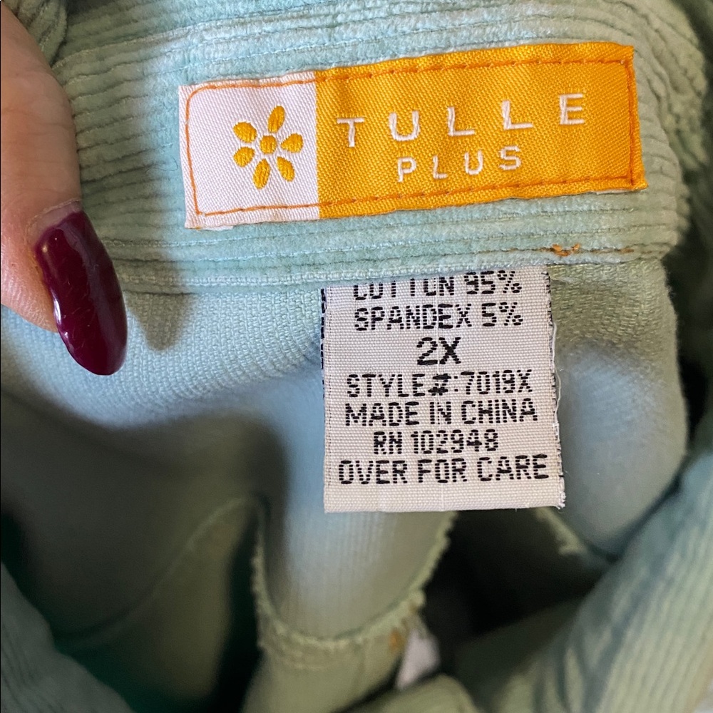 NWOT Tulle Plus seafoam green button up corduroy utility jacket 2X - Picture 9 of 10